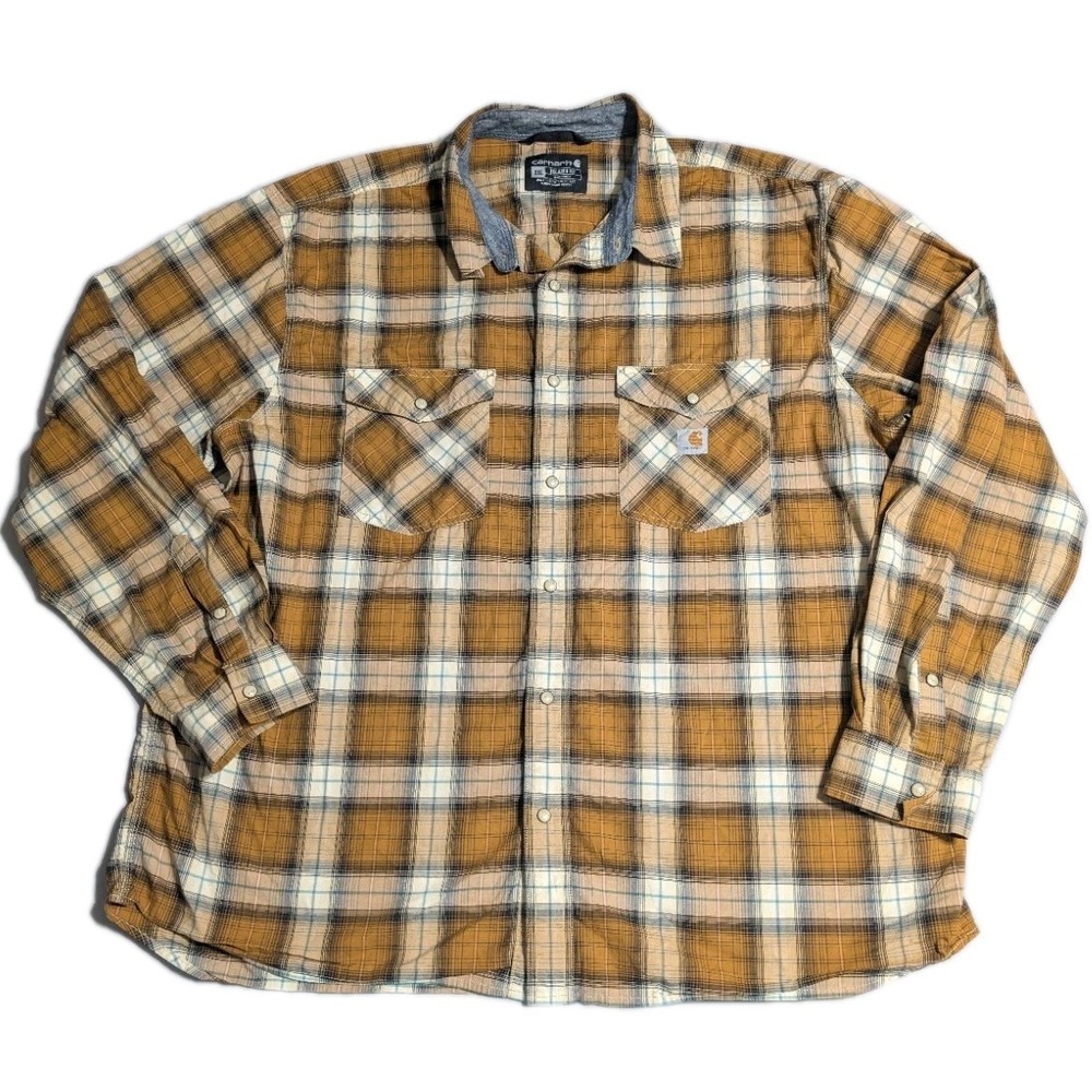 Carhartt Pearl Snap Flannel Men's 2XL Brown Plaid Relaxed Fit Cotton Blend